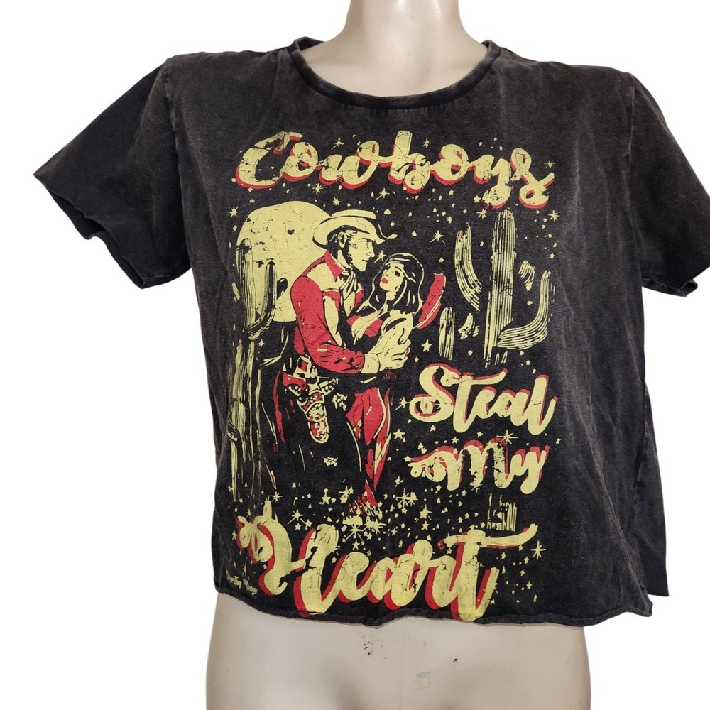Country Deep Cowboys Steal My Heart Mineral Wash Graphic Crop Tee Black M cowgir